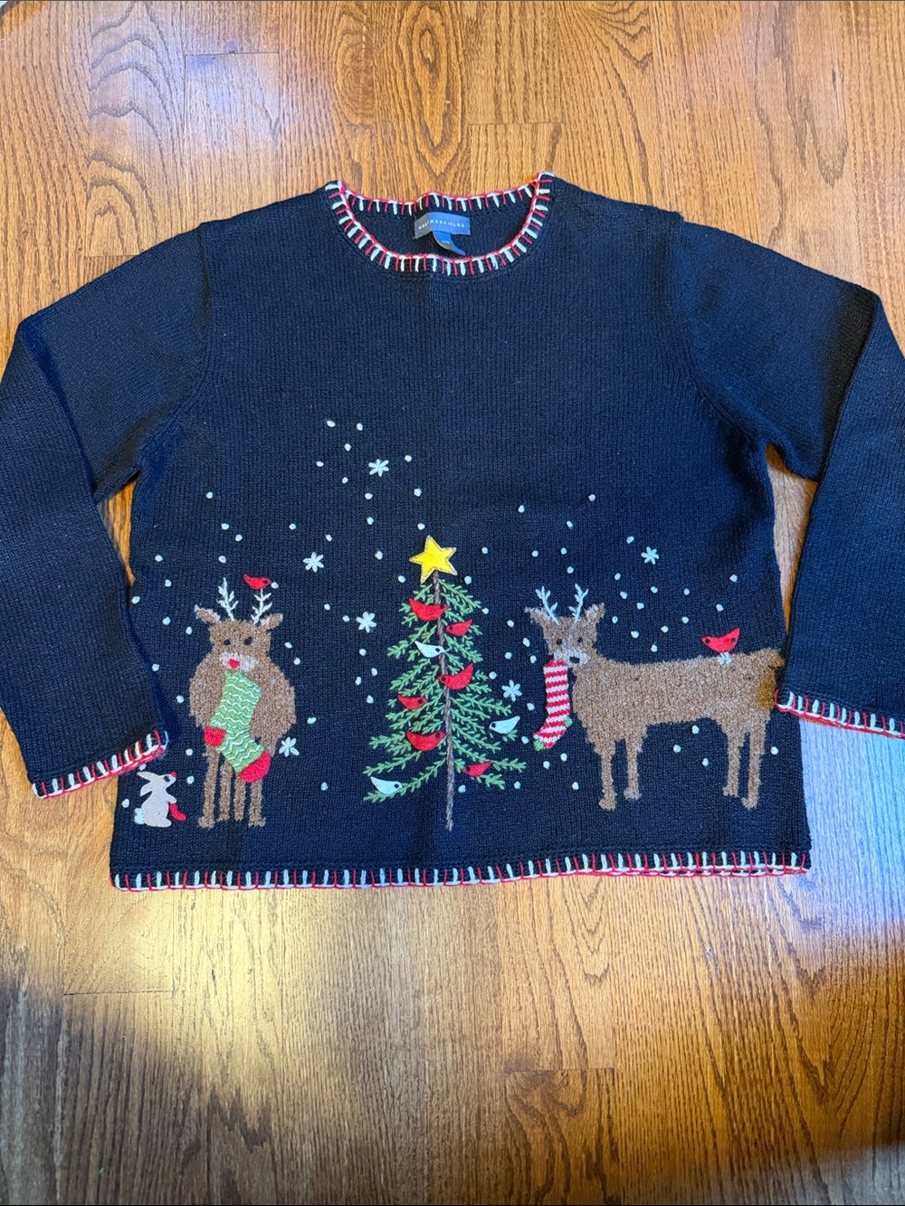Northern Isles cotton Ramie black crewneck holiday Christmas sweater - size M
